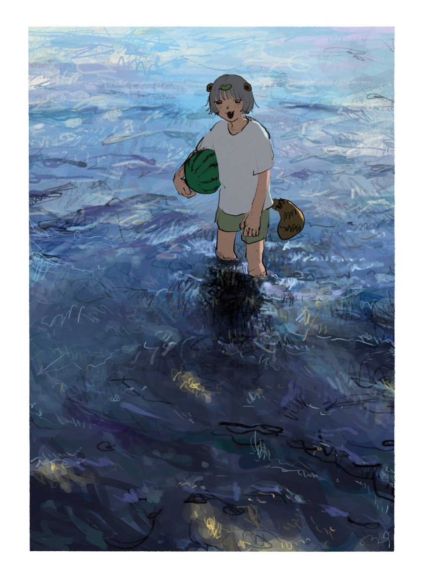 1girl, 339_(300yenmade), :3, animal_ears, animal_nose, black_eyes, blush, bob_cut, border, carrying, carrying_under_arm, commentary_request, fang, food, fruit, green_shorts, grey_hair, highres, leaf, leaf_on_head, looking_at_viewer, mode_aim, open_mouth, outdoors, ponpoko_(vtuber), raccoon_ears, raccoon_girl, raccoon_tail, shallow_water, shirt, short_sleeves, shorts, smile, solo, standing, t-shirt, tail, virtual_youtuber, wading, water, watermelon, white_border, white_shirt, wide_shot
