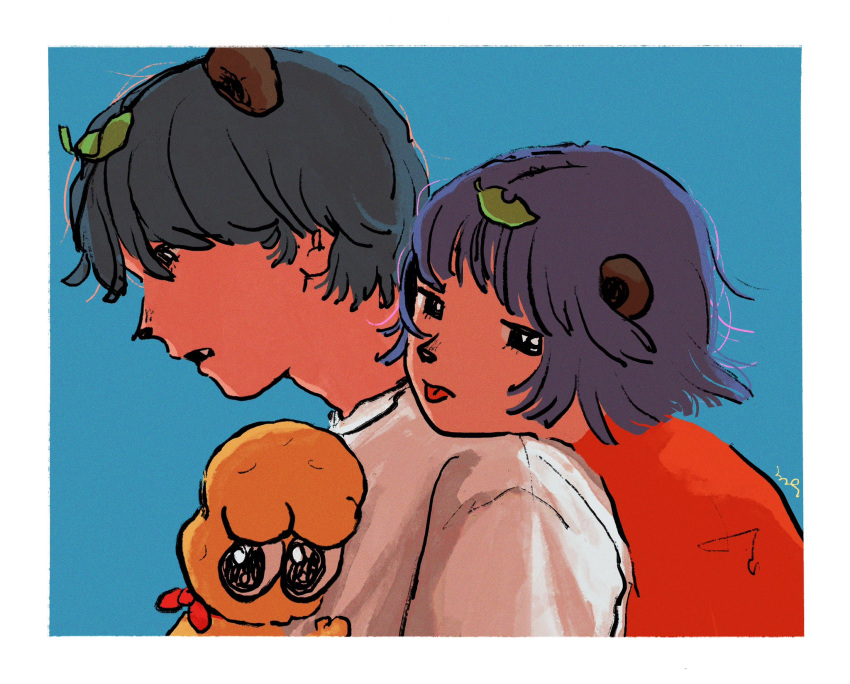1girl, 2boys, 339_(300yenmade), alternate_costume, animal_ears, animal_nose, anipoko, bald, behind_another, black_eyes, border, brother_and_sister, closed_mouth, commentary_request, dual_persona, expressionless, fang, grey_hair, head_on_another's_shoulder, highres, leaf, leaf_on_head, looking_at_viewer, looking_down, looking_to_the_side, mode_aim, multiple_boys, open_mouth, peanuts-kun, ponpoko_(vtuber), purple_hair, raccoon_boy, raccoon_ears, raccoon_girl, red_shirt, shirt, short_hair, siblings, signature, simple_background, tongue, tongue_out, upper_body, virtual_youtuber, white_border, white_shirt