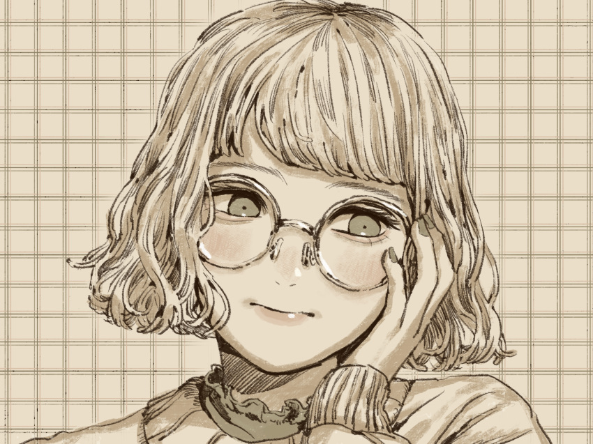 1girl, blush, closed_mouth, commentary_request, fingernails, frilled_shirt, frills, glasses