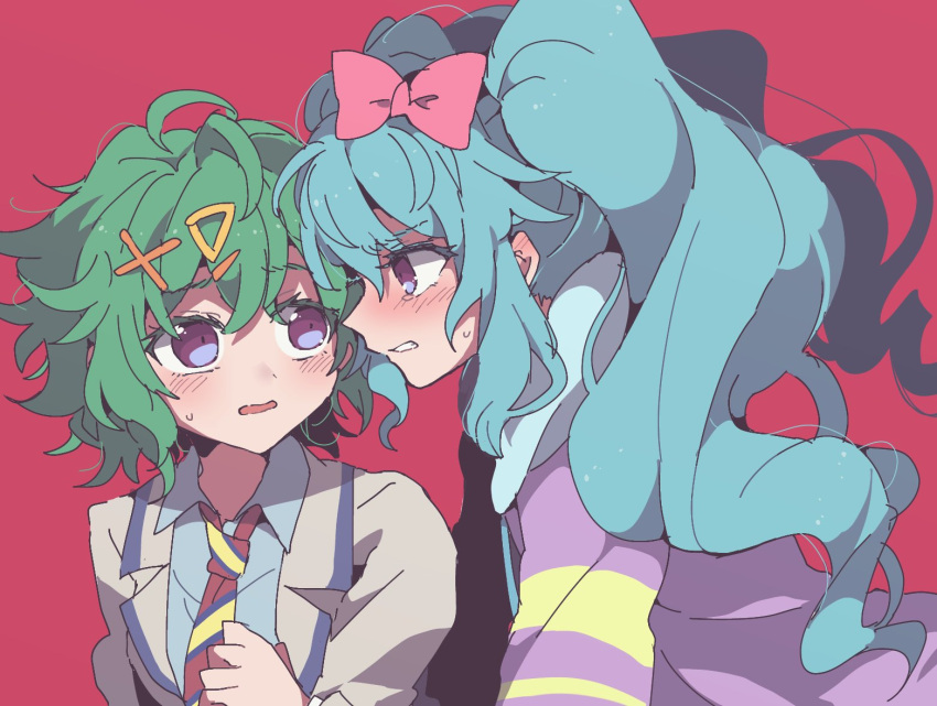 2girls, angry, blue_hair, blush, bow, collared_shirt, commentary_request, drill_hair, dual_persona, green_hair, grey_jacket, grey_shirt, hair_between_eyes, hair_bow, hair_ornament, hood, hoodie, idol_land_pripara, jacket, katasumi_amari, long_hair, long_sleeves, looking_at_another, messy_hair, multiple_girls, necktie, nojima_minami, open_mouth, pink_background, pink_bow, pretty_(series), pripara, purple_hoodie, red_background, school_uniform, shirt, short_hair, simple_background, striped_necktie, sweatdrop, triangle_hair_ornament, twin_drills, twintails, very_long_hair, violet_eyes, wavy_mouth, x_hair_ornament