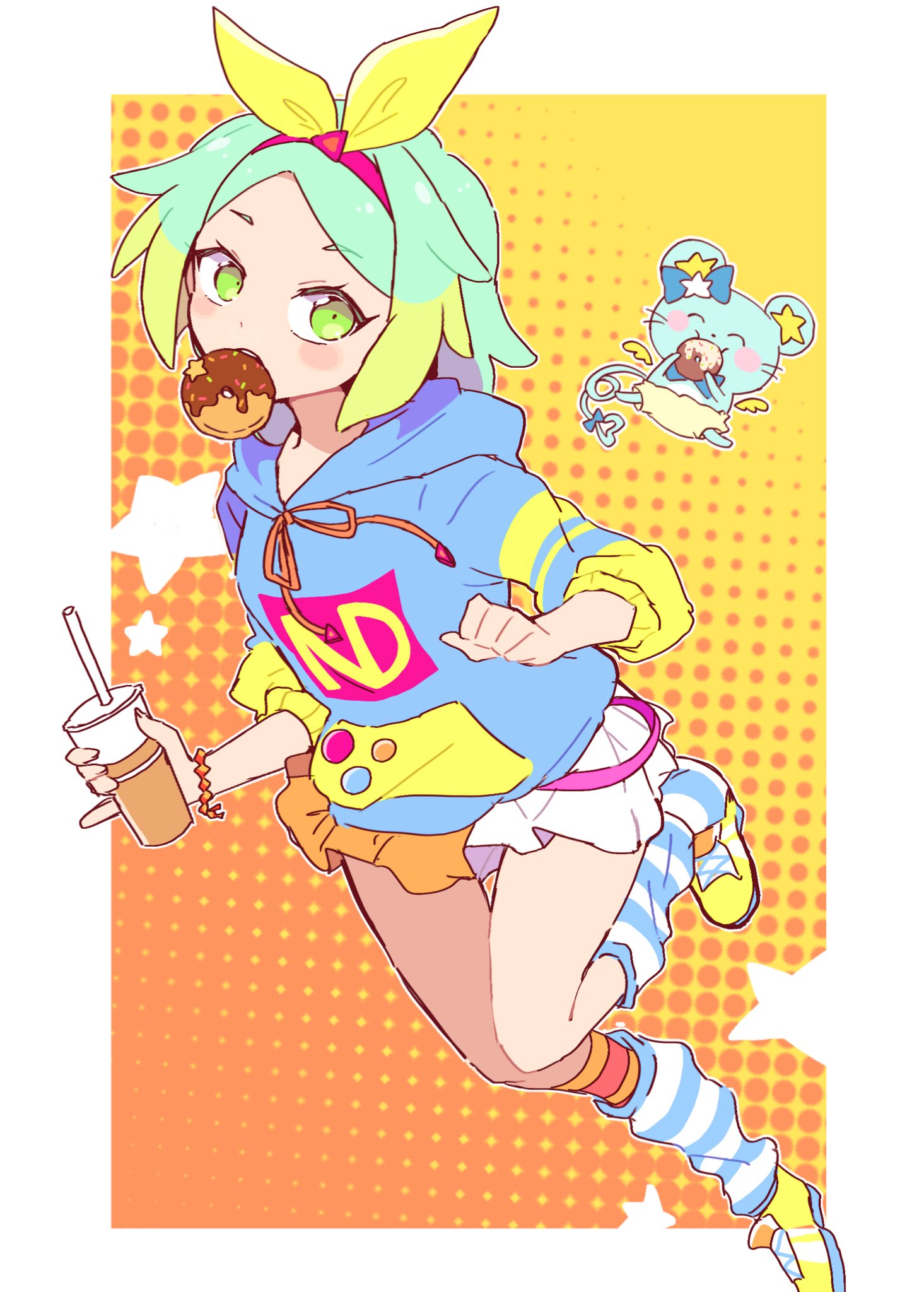 1girl, blue_bow, blue_hoodie, blush, border, bow, bracelet, chuppe