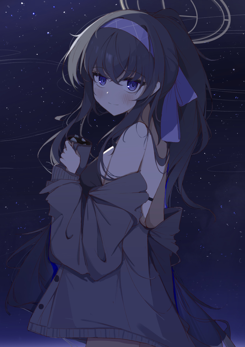 1girl, absurdres, bare_shoulders, black_hair, blue_archive, free_donut, hairband, halo