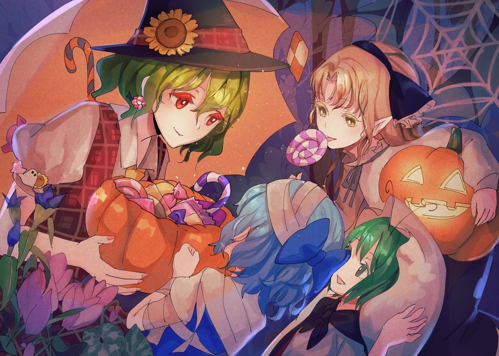 4girls, antenna_hair, bandaged_arm, bandages, bat_wings, black_hairband, black_headwear, black_wings