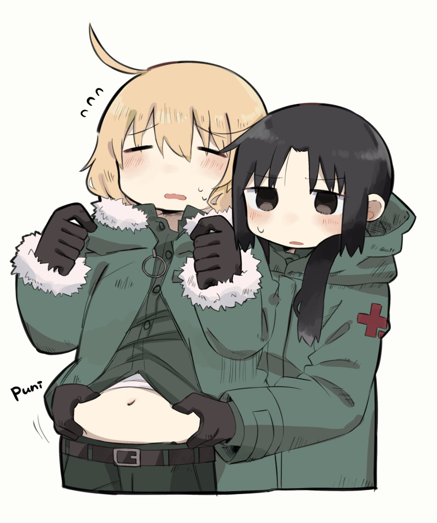 2girls, ahoge, belly, belt, black_gloves, black_hair, blonde_hair, blush