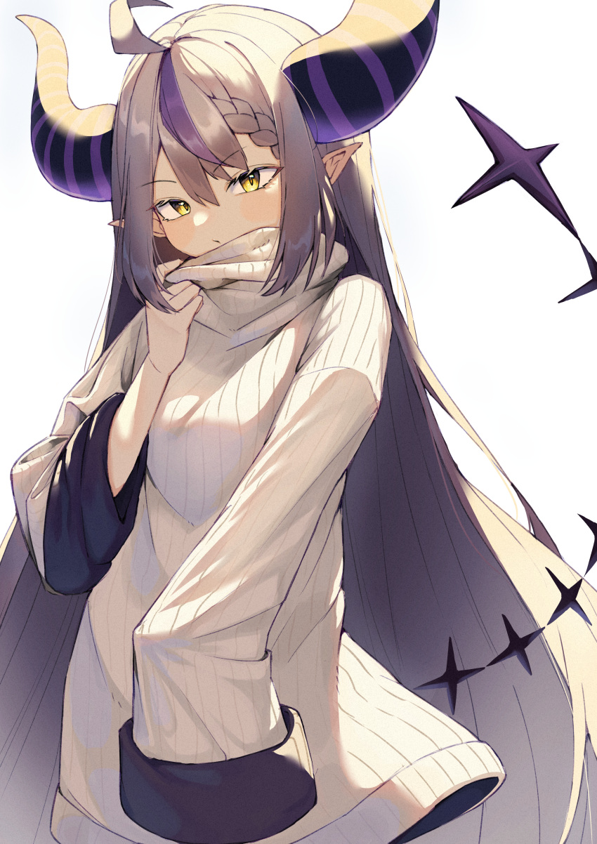 1girl, absurdres, ahoge, alternate_costume, black_horns, braid, braided_bangs, deho_toiimasu