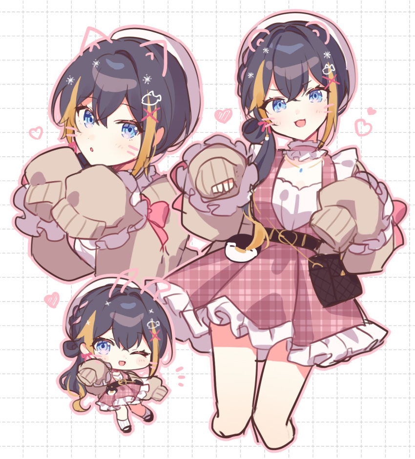1girl, belt, beret, black_belt, black_footwear, black_hair, blonde_hair, brown_cardigan, cardigan, chibi, drawn_ears, dress, fish_hair_ornament, front_ponytail, hair_ornament, hat, highres, jewelry, long_hair, mary_janes, multicolored_hair, multiple_views, necklace, nijisanji, nijisanji_en, petra_gurin, petra_gurin_(3rd_costume), pink_dress, shoes, sleeves_past_fingers, sleeves_past_wrists, socks, streaked_hair, virtual_youtuber, waka_(wk4444), white_headwear, white_socks, x_hair_ornament