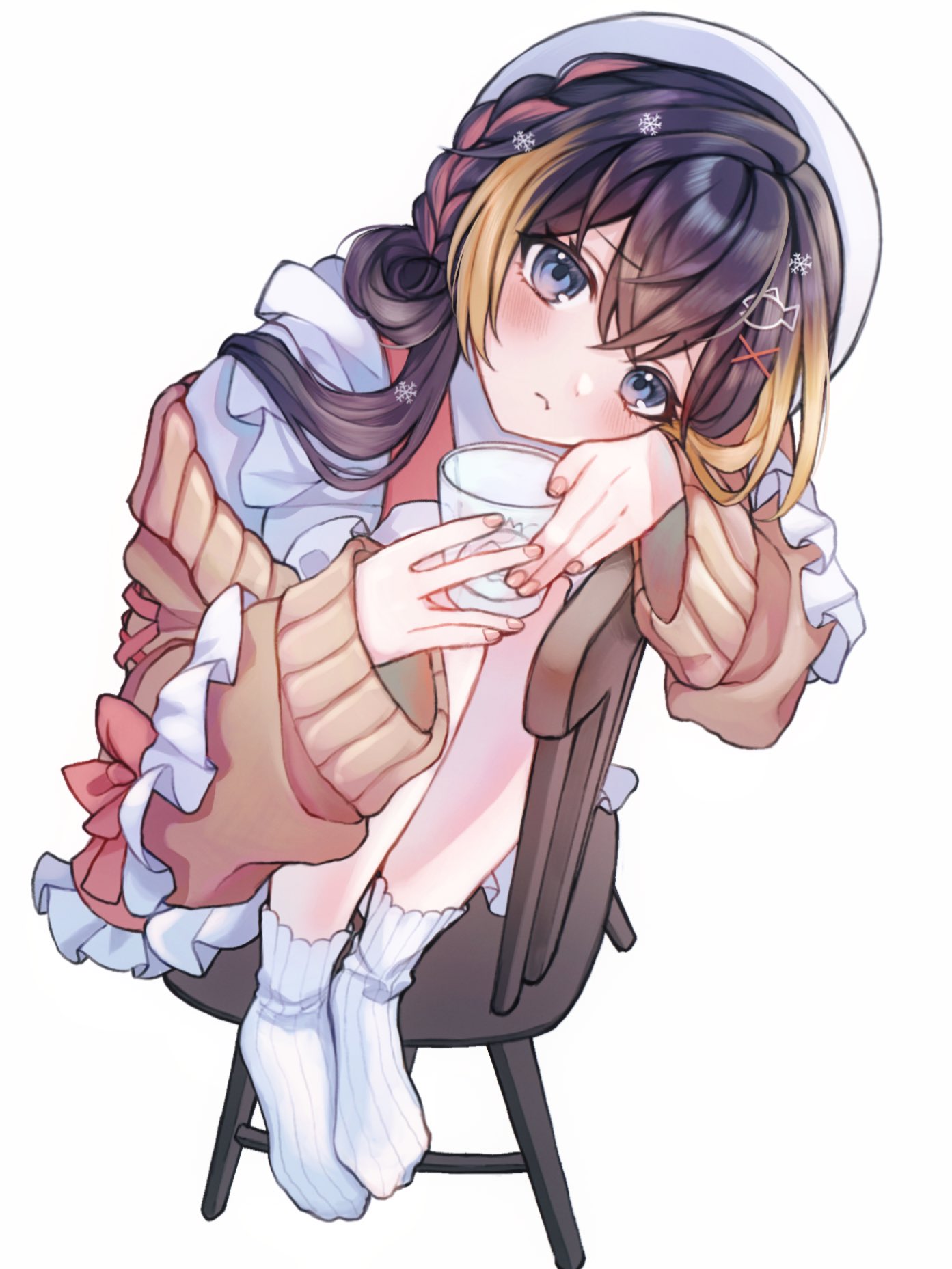 1girl, blush, braid, brown_hair, cardigan, commentary, fish_hair_ornament, french_braid
