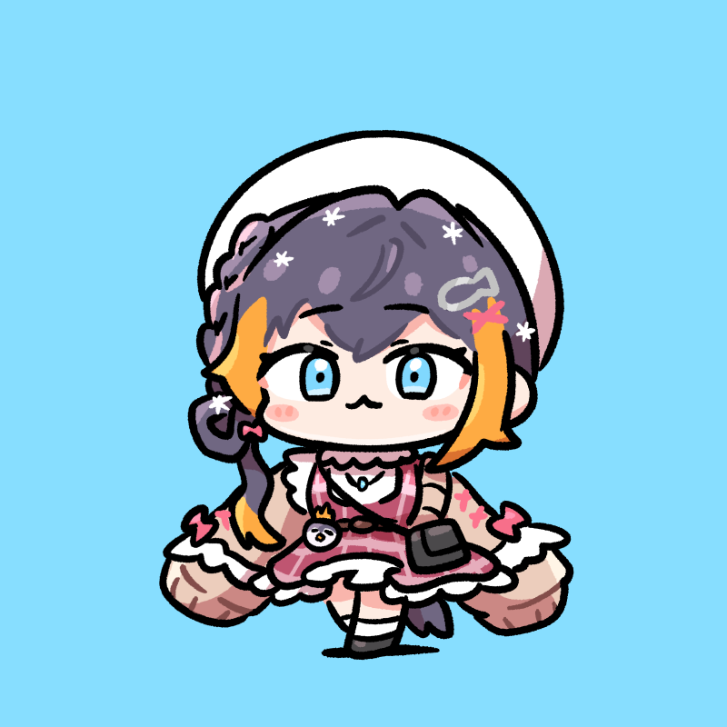 1girl, :3, beret, black_hair, blue_background, blue_eyes, blush_stickers, braid