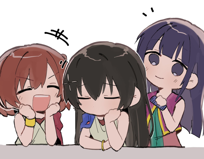 3girls, aijou_karen, black_hair, bot_aijoukaren, brown_hair, highres, kagura_hikari, long_hair