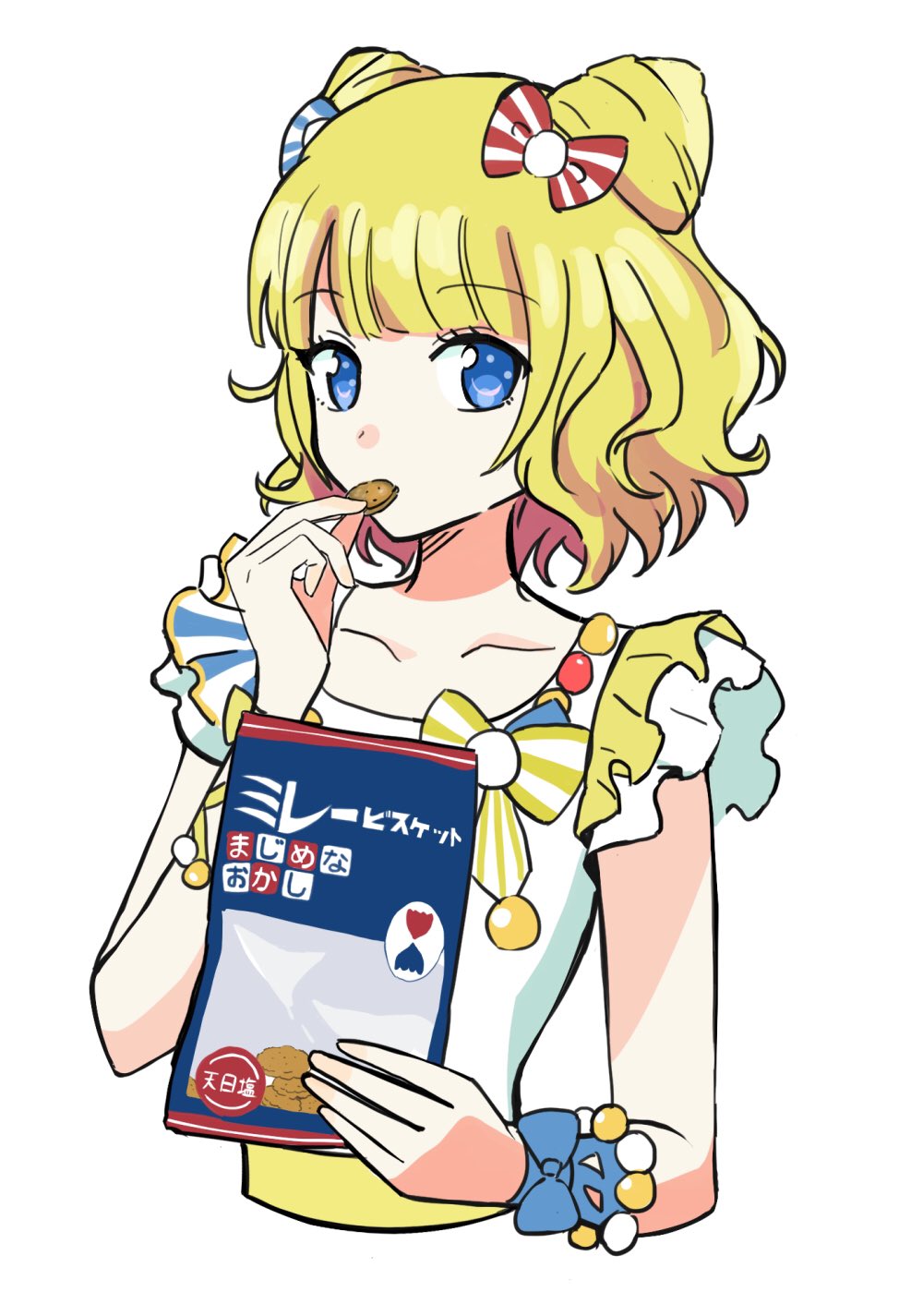 1girl, bag, bare_shoulders, biscuit_(bread), blonde_hair, blue_bow, blue_eyes, blunt_bangs