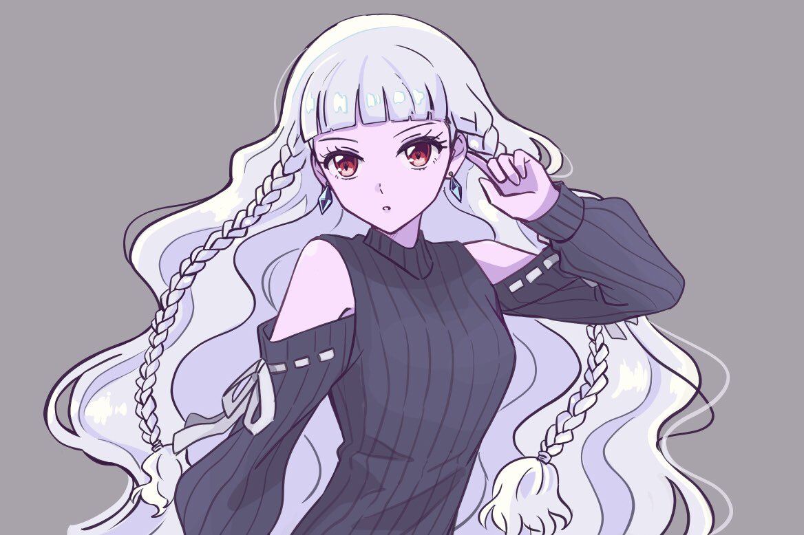 1girl, bare_shoulders, black_sweater, blunt_bangs, braid, breasts, commentary_request, earrings