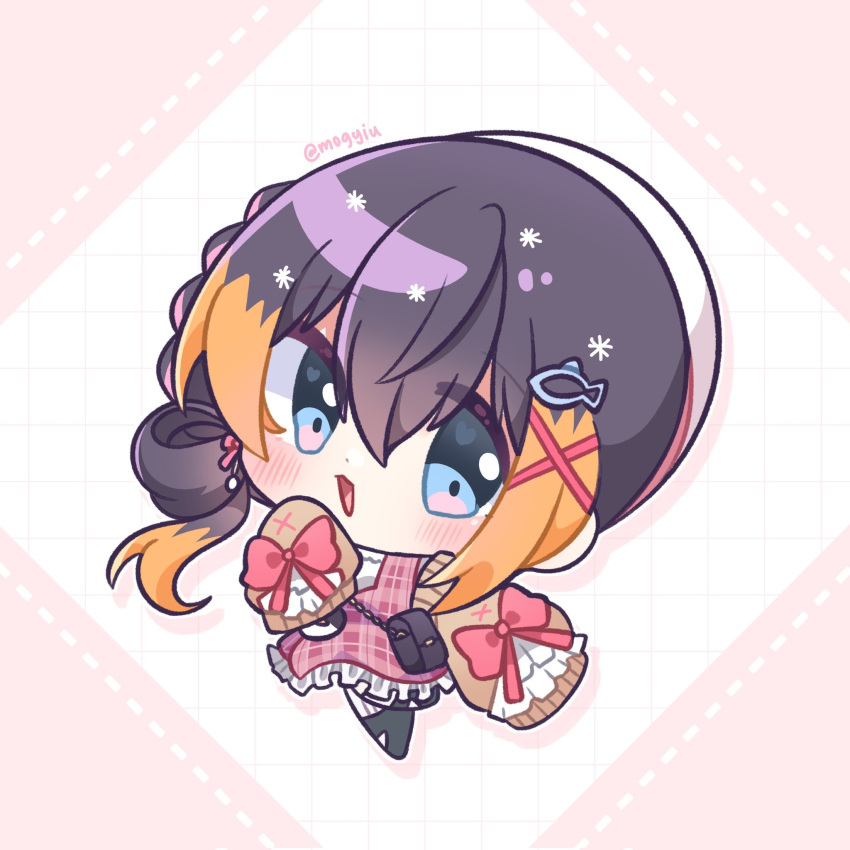 1girl, bag, black_footwear, black_hair, blonde_hair, blue_eyes, blush, brown_cardigan