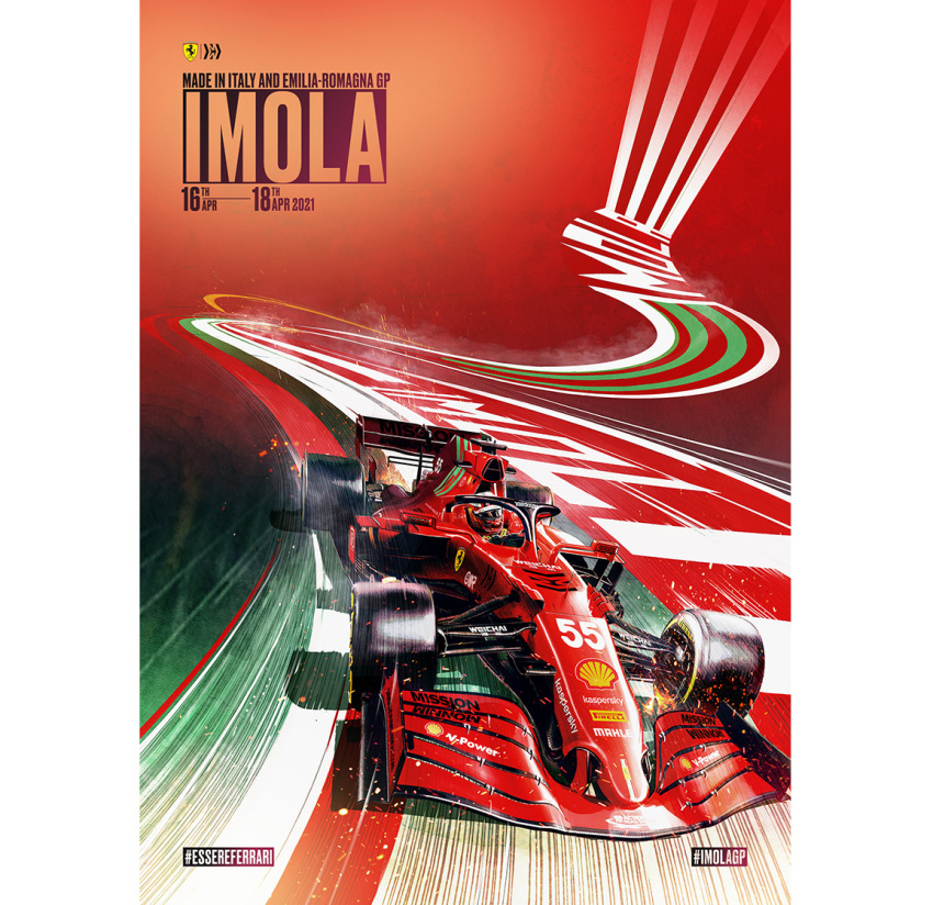 autodromo_internazionale_enzo_e_dino_ferrari, car, carlos_sainz, english_commentary, federico_carlo_ferniani, ferrari, formula_one, formula_racer, helmet, logo, motion_lines, motor_vehicle, official_art, pillarboxed, race_vehicle, racecar, racetrack, real_life, red_headwear, shadow, spoiler_(automobile), vehicle_focus, western_comics_(style)