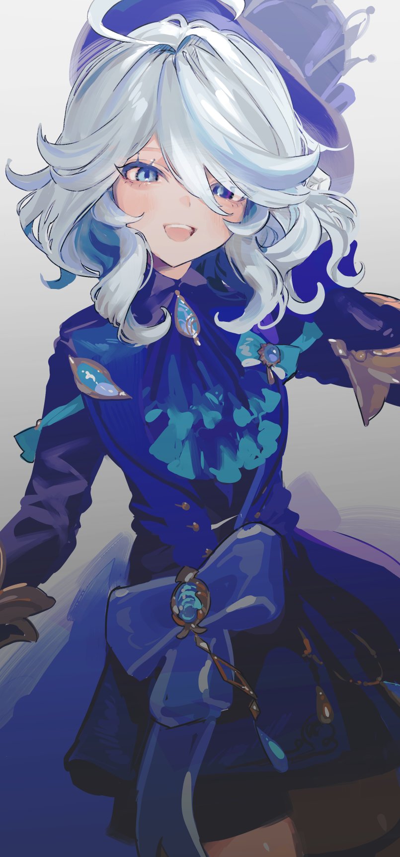 1girl, ahoge, ascot, black_ascot, blue_bow, blue_brooch, blue_eyes, blue_hair