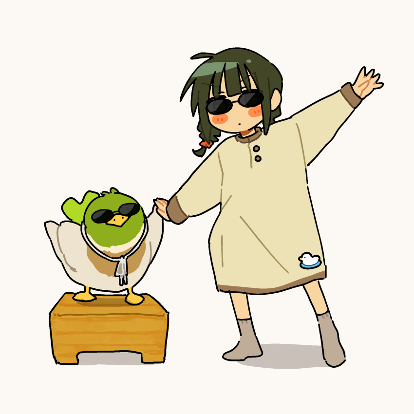 1girl, bird, blush_stickers, braid, chibi, dress, duck, fuu_(ozu_(oz_yarimasu)), green_hair, guu_(ozu_(oz_yarimasu)), high_five, highres, original, ozu_(oz_yarimasu), simple_background, socks, sunglasses, twin_braids