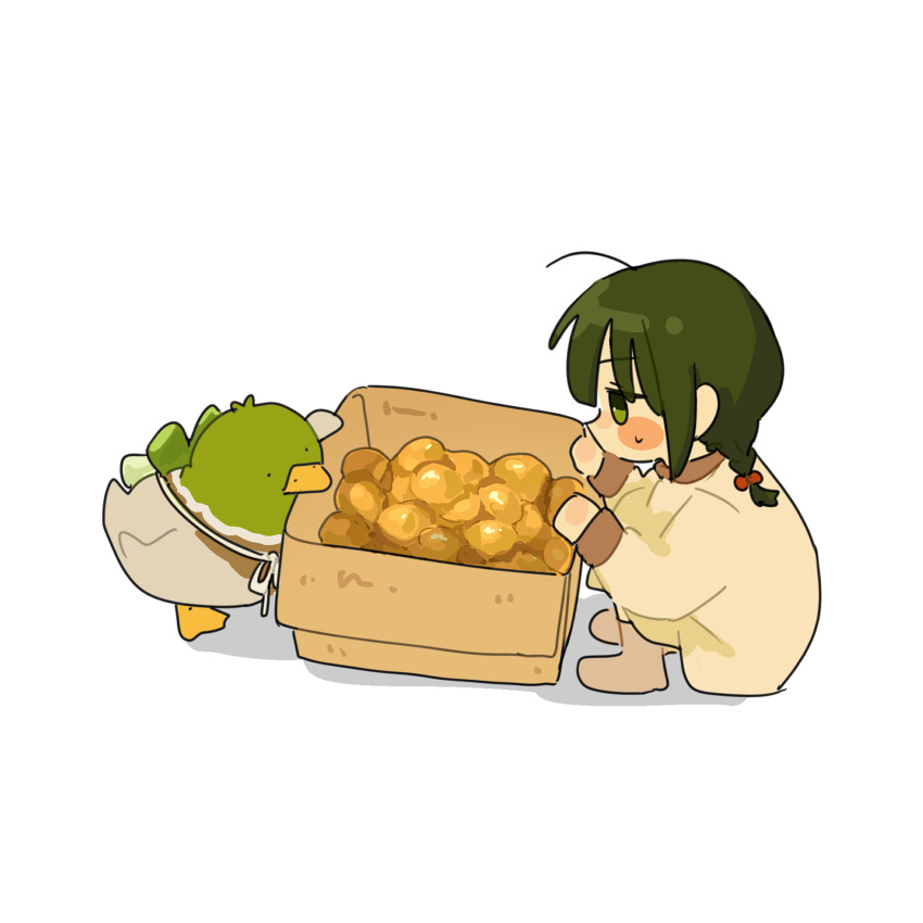 1girl, bird, blush_stickers, box, braid, cardboard_box, duck, fuu_(ozu_(oz_yarimasu))