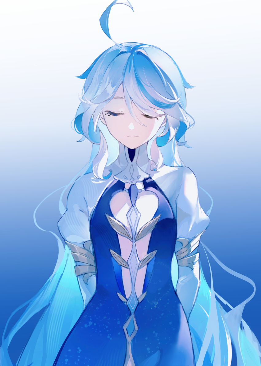 1girl, absurdres, blue_background, blue_dress, blue_hair, closed_eyes, closed_mouth, cowlick