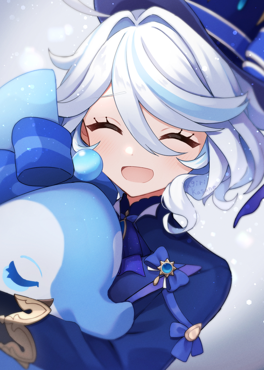 1girl, ahoge, artist_name, ascot, black_ascot, blue_bow, blue_brooch, blue_hair