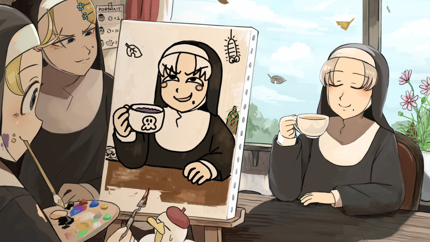3girls, beret, bird, blonde_hair, blue_eyes, canvas_(object), catholic, chicken
