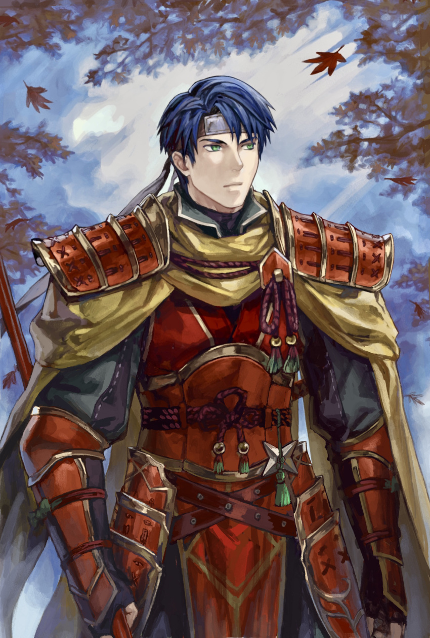 1boy, armor, blue_hair, cape, commentary_request, falling_leaves, fingerless_gloves, fire_emblem