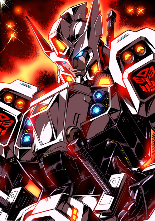 autobot, blue_eyes, drift_(transformers), guido_guidi, looking_at_viewer, mecha, no_humans, robot