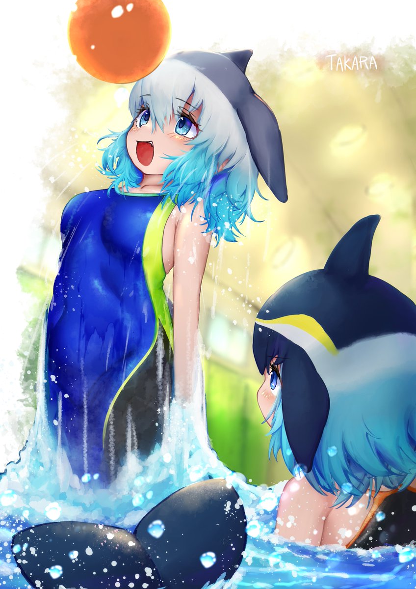 2girls, ball, black_hair, black_one-piece_swimsuit, blonde_hair, blue_eyes, blue_one-piece_swimsuit, blush