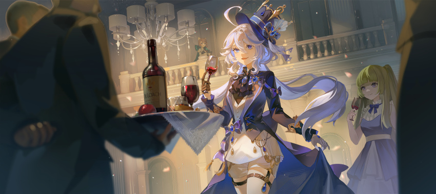 3boys, 3girls, absurdres, ahoge, alcohol, ascot, black_ascot, black_gloves