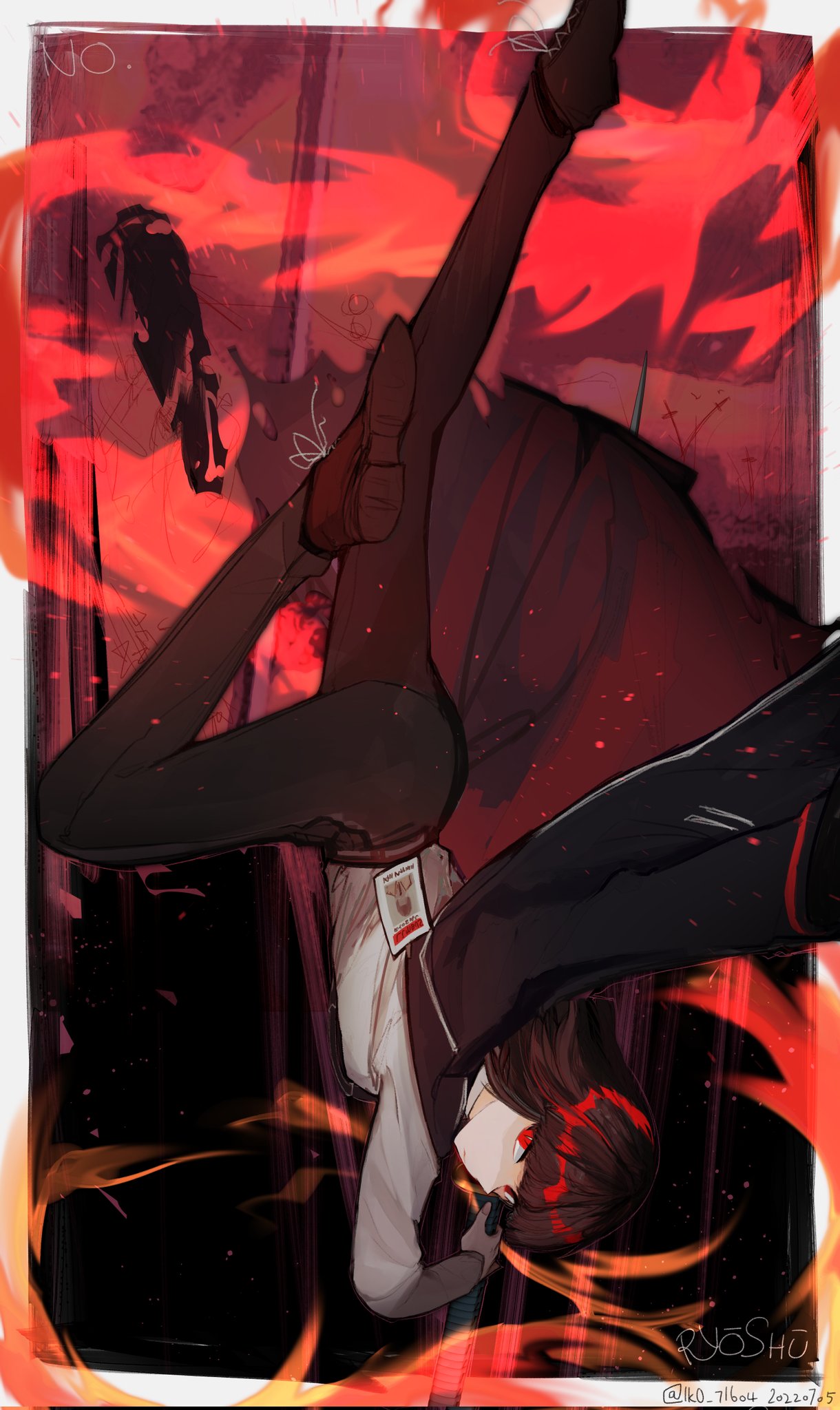1girl, black_coat, black_footwear, black_pants, coat, coat_on_shoulders, falling, fire