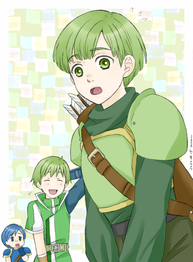3boys, :o, arm_behind_head, armor, arrow_(projectile), blue_armor, blue_hair, brothers, castor_(fire_emblem), closed_eyes, fire_emblem, fire_emblem:_mystery_of_the_emblem, fire_emblem:_new_mystery_of_the_emblem, gordin_(fire_emblem), green_armor, green_eyes, green_hair, looking_at_viewer, miisa, multiple_boys, open_mouth, quiver, ryan_(fire_emblem), siblings