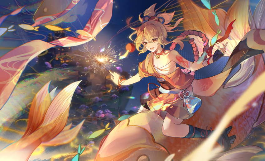 1girl, butterfly_choker, fireworks, fish, fish_tattoo, genshin_impact, goldfish, highres