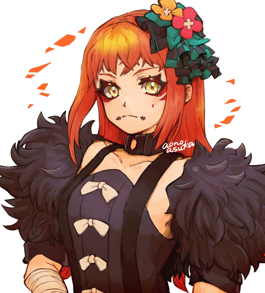 1girl, aonoasuka, aqua_eyeshadow, bandaged_arm, bandages, bare_shoulders, eyeliner, eyeshadow, facial_mark, fire_emblem, fire_emblem_engage, fur_sleeves, highres, looking_at_viewer, makeup, orange_hair, panette_(fire_emblem), short_bangs, stitched_mouth, stitches, yellow_eyes
