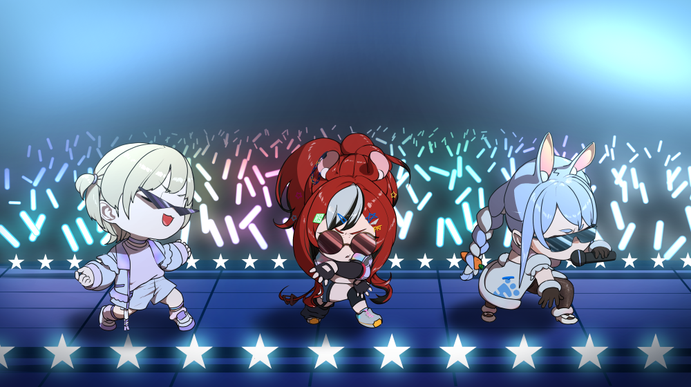 3girls, animal_ears, black_gloves, black_pantyhose, blonde_hair, blue_hair, braid, butayaro_kr