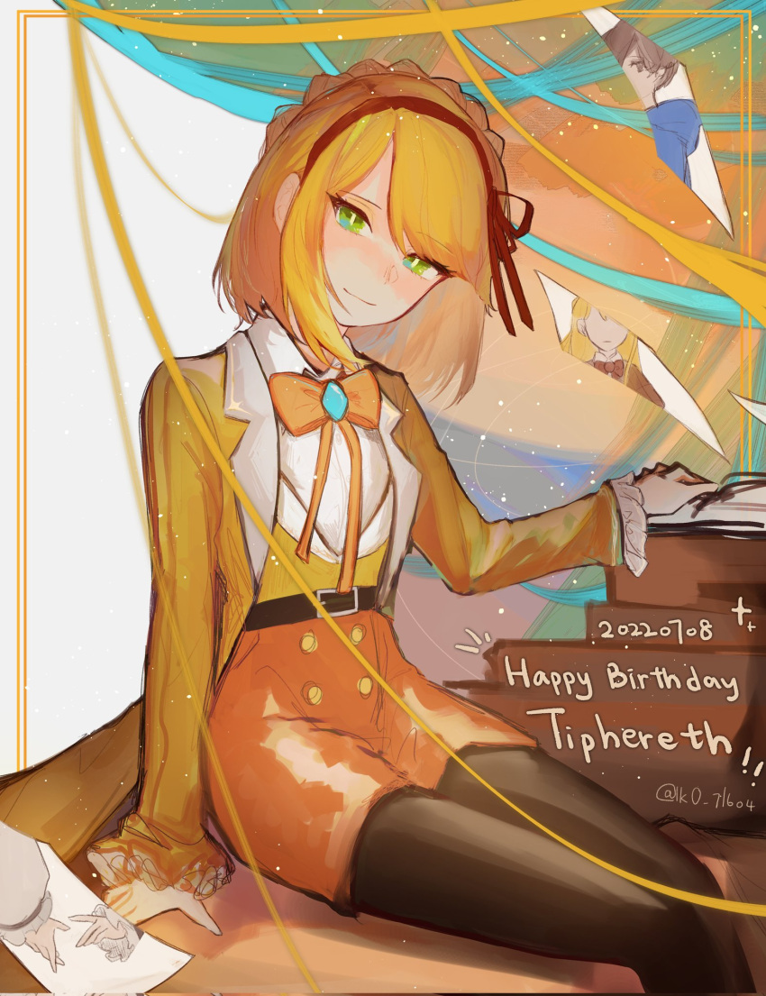 1girl, adapted_costume, book, bow, bowtie, braid, brown_pantyhose, closed_mouth