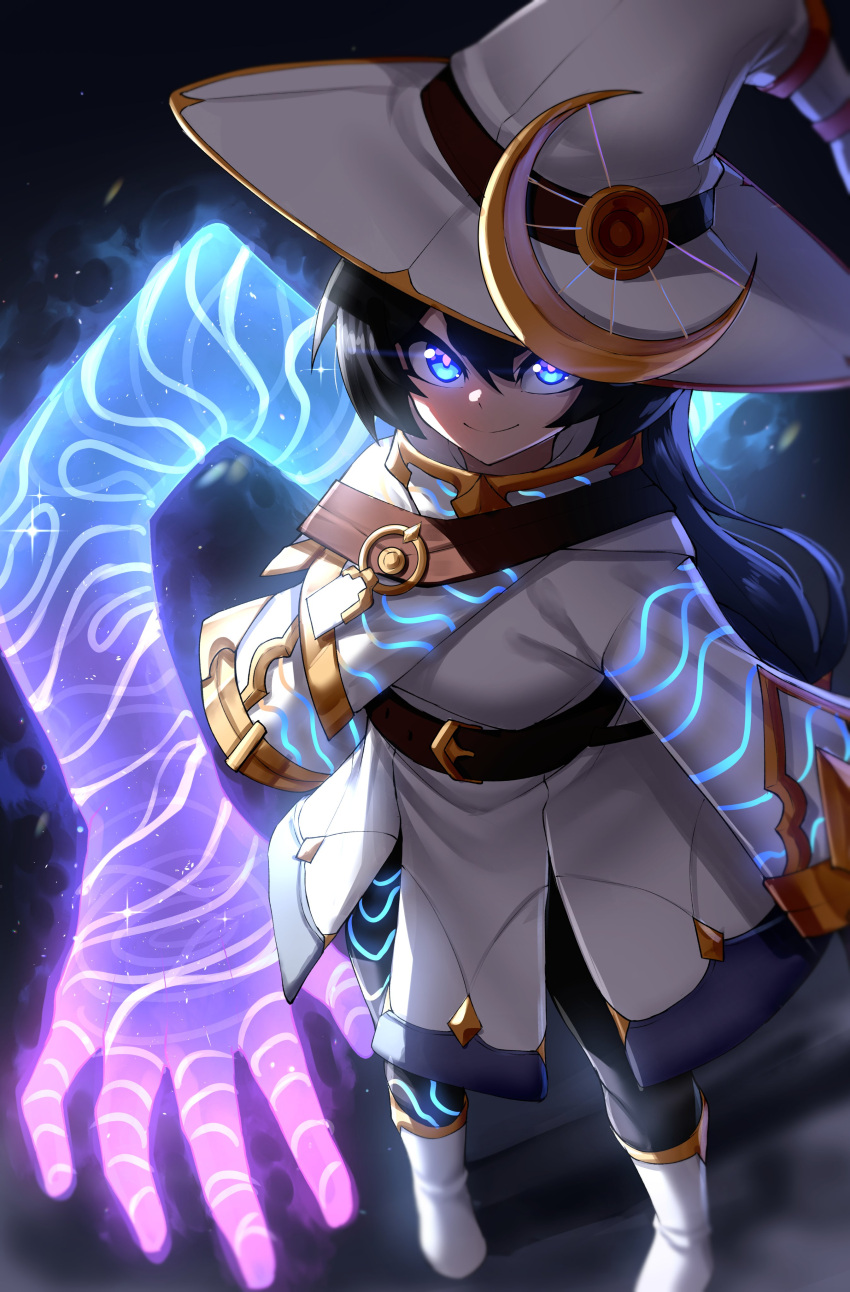 1girl, absurdres, arms_at_sides, black_hair, blue_eyes, borrowed_character, extra_arms, glowing, glowing_eyes, hat, highres, long_hair, looking_at_viewer, original, rageman709, smile, solo, standing, witch, witch_hat, ystra_(squeaky)