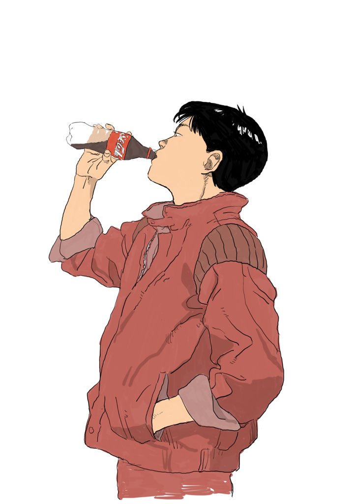 1boy, akira, black_hair, bottle, coca-cola, drinking, hand_in_jacket, holding, holding_bottle, jacket, kaneda_shoutarou_(akira), pants, red_jacket, red_pants, simple_background, soda, solo, standing, tora0820, white_background