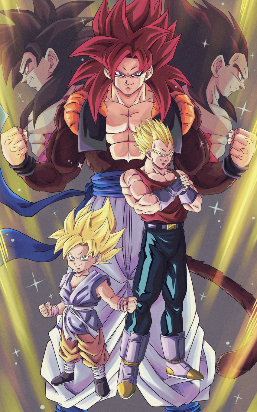 abs, biceps, black_hair, blue_eyes, blue_sash, body_fur, boots, buraku_black, closed_mouth, denim, dragon_ball, dragon_ball_gt, fusion, gloves, gogeta, highres, long_hair, looking_at_viewer, male_focus, metamoran_vest, monkey_boy, monkey_tail, multiple_boys, muscular, muscular_male, no_nipples, own_hands_clasped, own_hands_together, pants, pectorals, red_fur, redhead, saiyan, sash, smile, son_goku, spiky_hair, super_saiyan, super_saiyan_1, super_saiyan_4, tail, tank_top, vegeta, white_pants