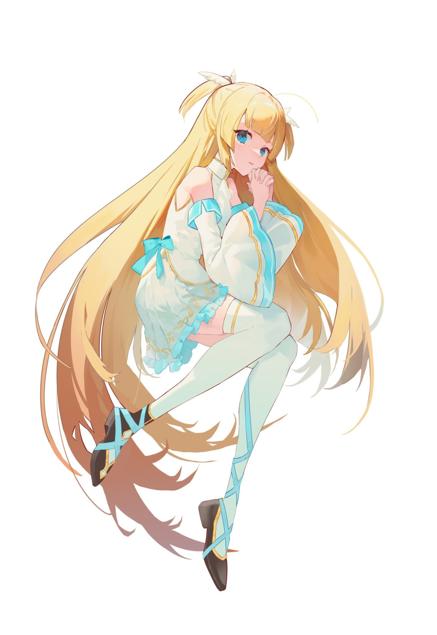 1girl, ahoge, angel, aqua_bow, aqua_ribbon, bare_shoulders, black_footwear, blonde_hair