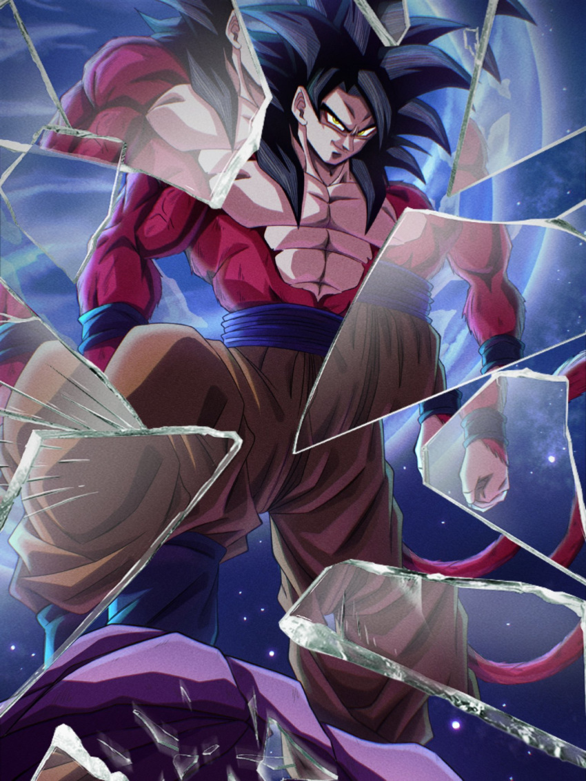 1boy, biceps, black_hair, blue_sash, body_fur, buraku_black, closed_mouth, dragon_ball