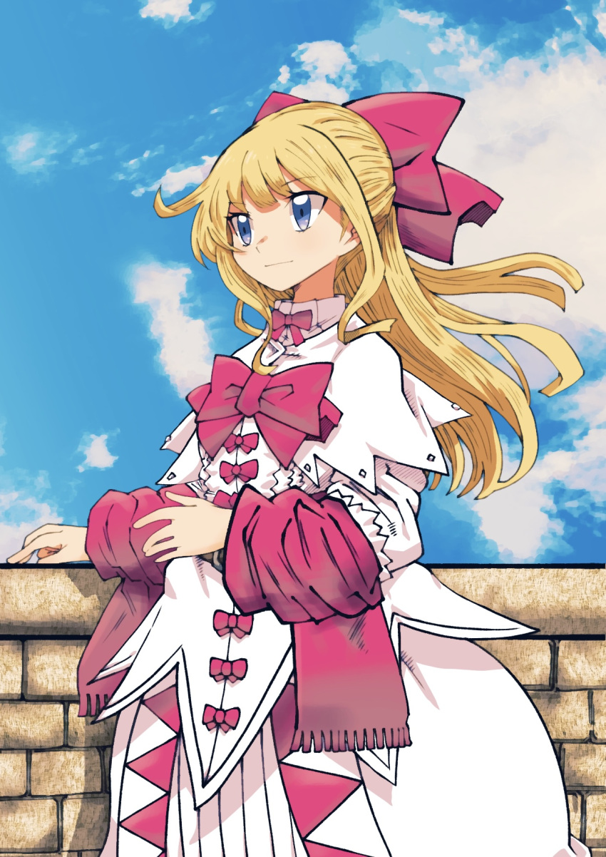 1girl, batchgooya, blue_eyes, bow, brave_fencer_musashiden, closed_mouth, clouds, dress