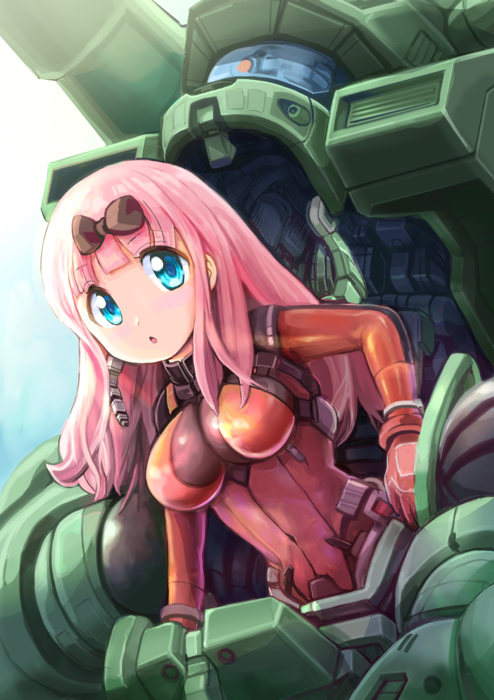 1girl, armor, blue_eyes, bodysuit, breasts, commentary_request, daicon, fujiwara_chika