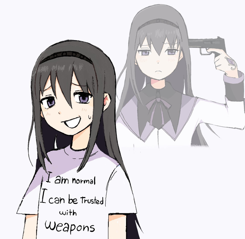 1girl, akemi_homura, black_hair, black_hairband, closed_mouth, clothes_writing, collaboration, comedy, commentary, english_commentary, english_text, frown, gun, gun_to_head, hair_between_eyes, hairband, hand_up, highres, holding, holding_gun, holding_weapon, logi_(lgdkn), long_hair, long_sleeves, looking_at_viewer, magical_girl, mahou_shoujo_madoka_magica, mahou_shoujo_madoka_magica:_hangyaku_no_monogatari, mayu_(nanakemi), meme, multiple_views, nervous_smile, open_mouth, purple_ribbon, ribbon, shirt, short_sleeves, smile, sweatdrop, t-shirt, upper_body, violet_eyes, weapon, white_background, white_shirt