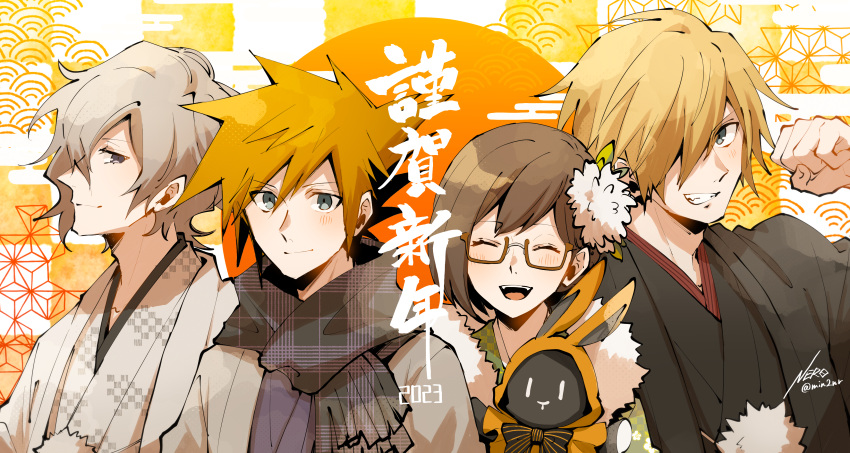 1girl, 2023, 3boys, absurdres, bitou_daisukenojou, black_hair, black_kimono, blue_eyes