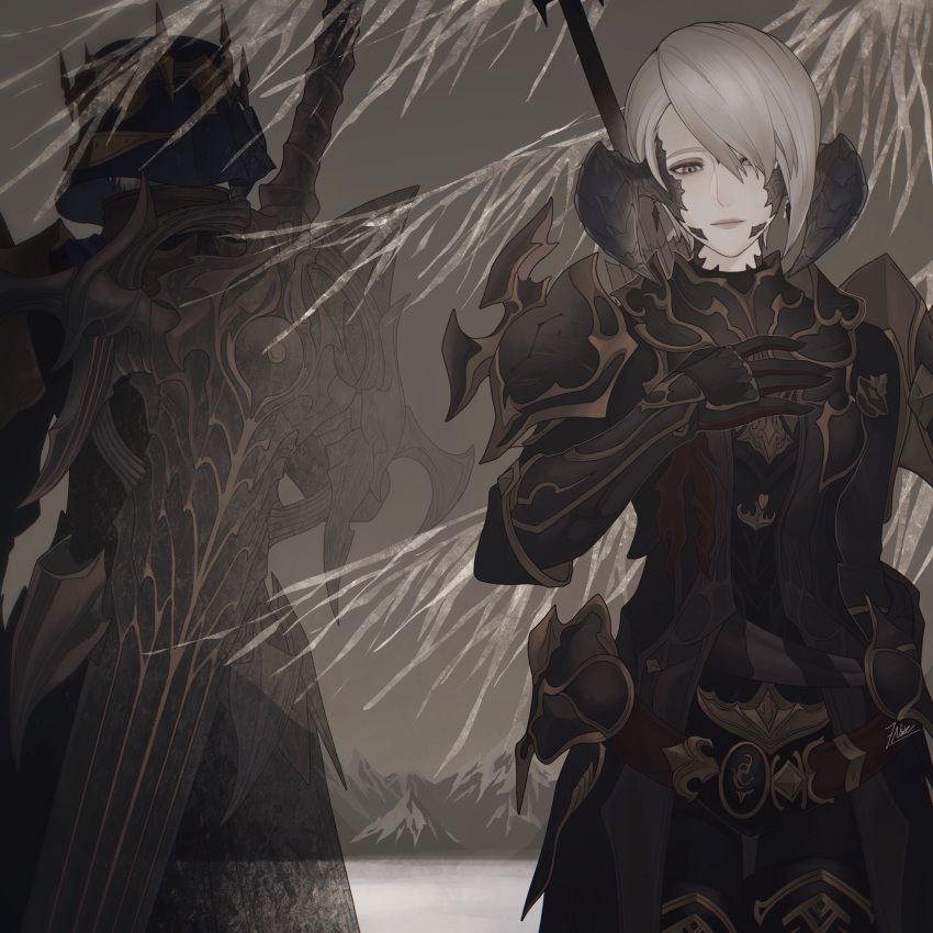 1girl, 1other, 7nite, armor, armored_coat, armored_collar, au_ra, back-to-back
