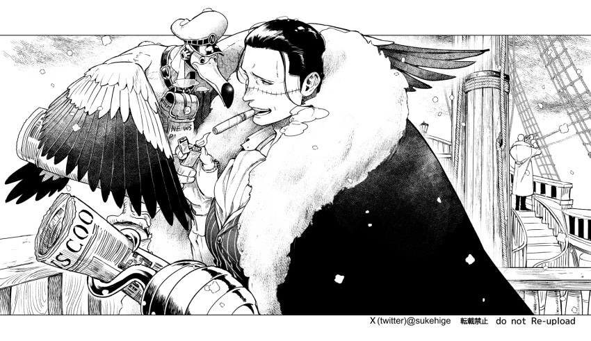 3boys, albatross, bird, black_coat, black_hair, cigar, coat, collar