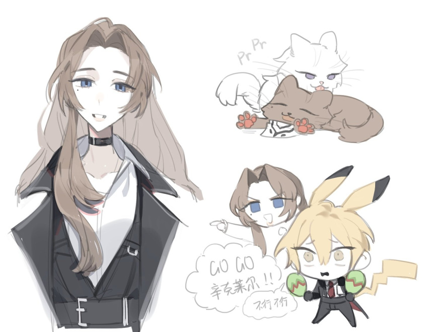 1boy, 1girl, animalization, black_choker, black_coat, black_vest, blonde_hair, brown_hair