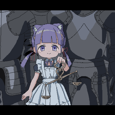 1girl, animal_ears, apron, armor, balance_scale, blunt_bangs, cat_ears, commentary_request