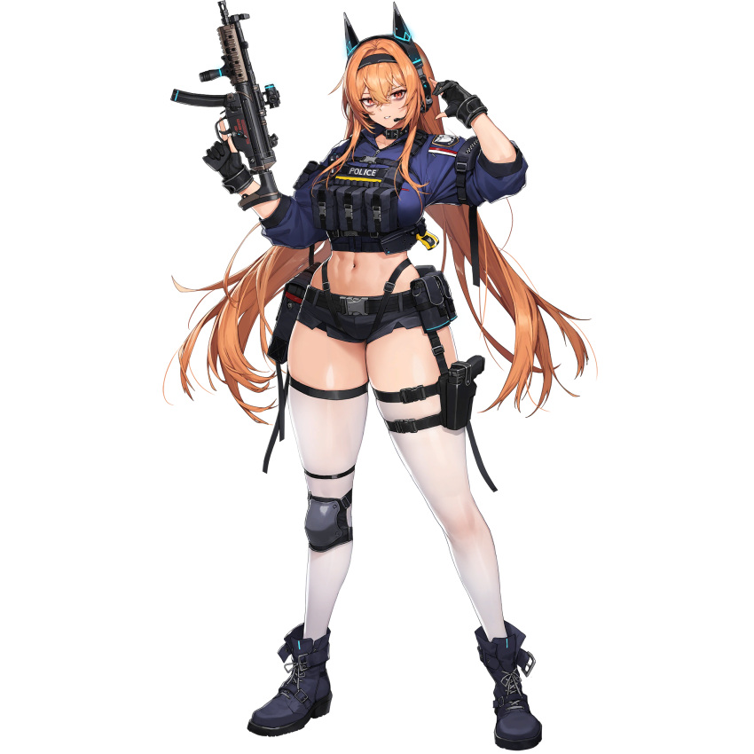 1girl, abs, animal_ear_headwear, arm_pouch, bags_under_eyes, belt, belt_collar, black_bag