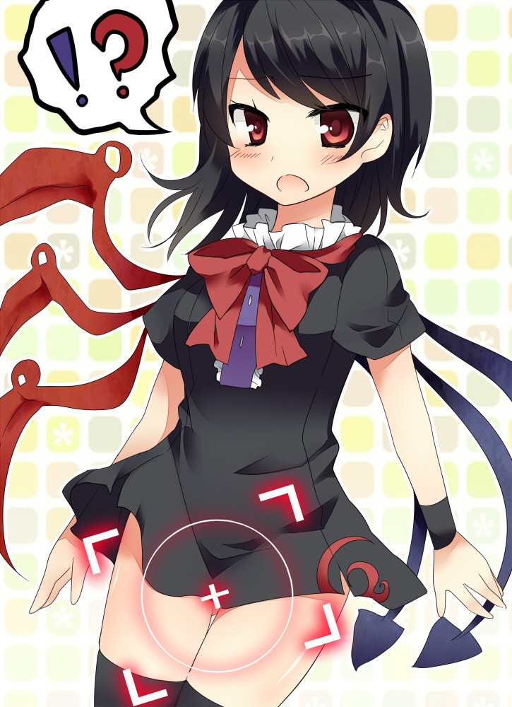 aiming, asymmetrical_wings, black_hair, black_legwear, black_thighhighs, bow, dress, houjuu_nue