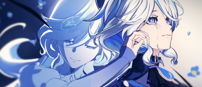 2girls, angst, artist_name, ascot, black_ascot, blue_brooch, blue_eyes, blue_hair