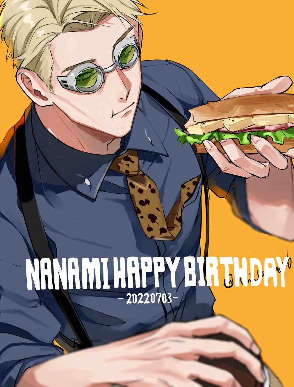 1boy, 2022, animal_print, blonde_hair, blue_shirt, bread, character_name, cheese